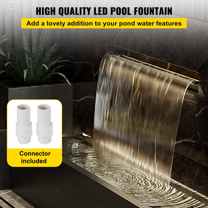 Stainless Steel Pool Waterfall with LED Lights, 0.9m x 0.11m x 0.08m
