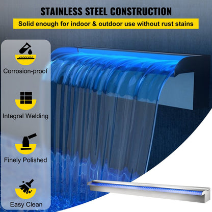 Stainless Steel Pool Waterfall with LED Lights, 0.9m x 0.11m x 0.08m