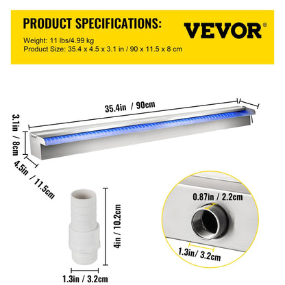 Stainless Steel Pool Waterfall with LED Lights, 0.9m x 0.11m x 0.08m