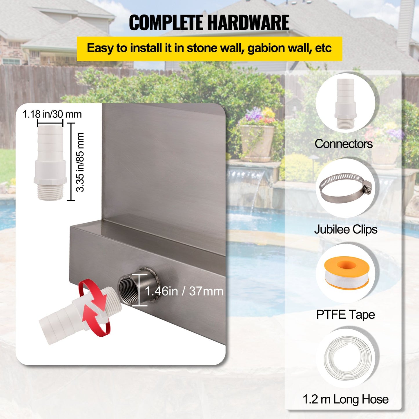 Waterfall Blade, 30cm Stainless Steel Waterfall Spillway, Rectangular Waterfall Pool Fountain, Cascade Blade with Connector, Hose, Clamp & PTFE Tape, Water Blade for Koi Fish Pond, Water Feature