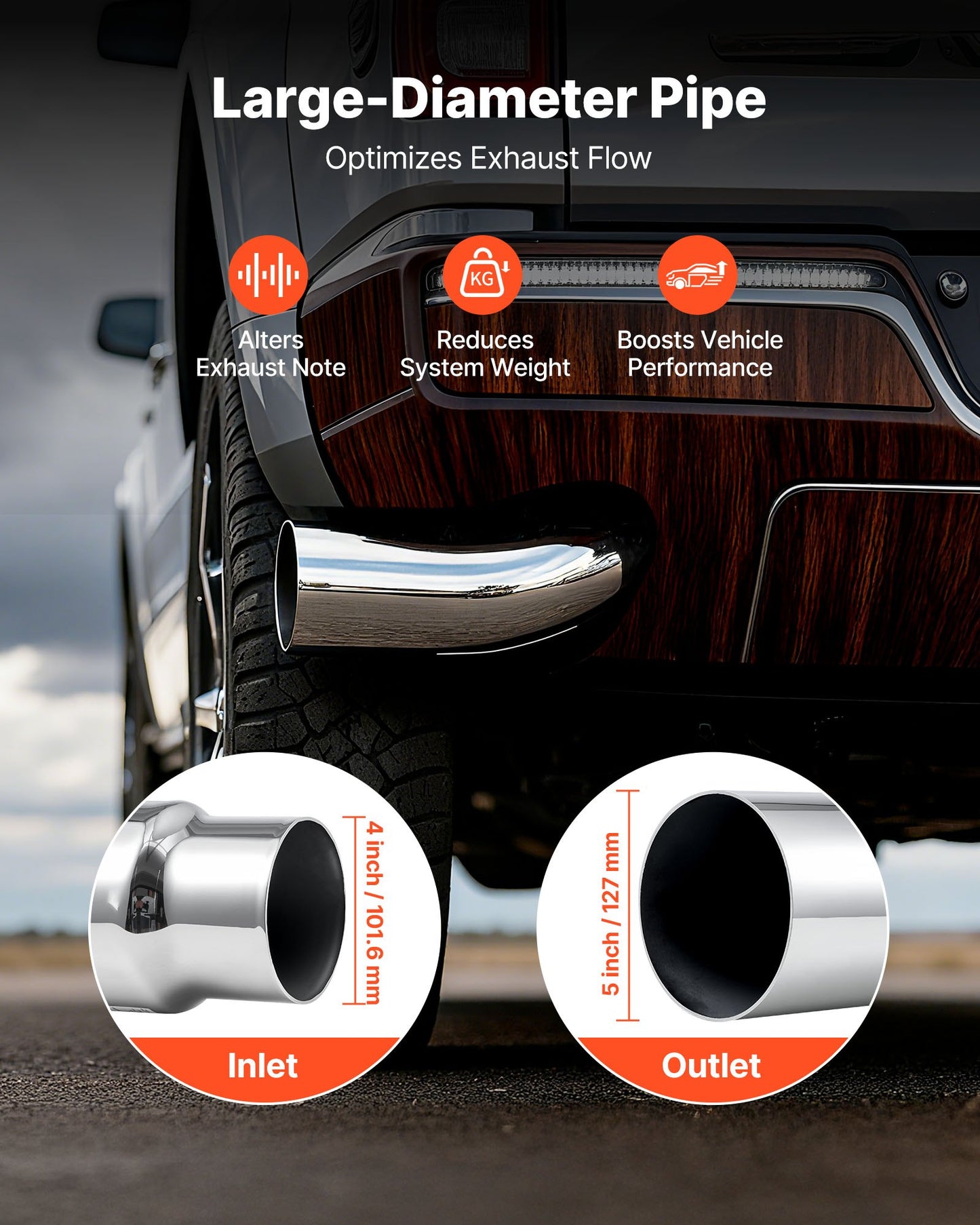 Elbow Exhaust Tip, 101.6mm Inlet, 127mm Outlet, 584mm Overall Length, Chrome Turn Down Exhaust Tip with Clamp for Truck, Sedan, Sports Car, SUV, Chrome Structure for High Temperature Resistance
