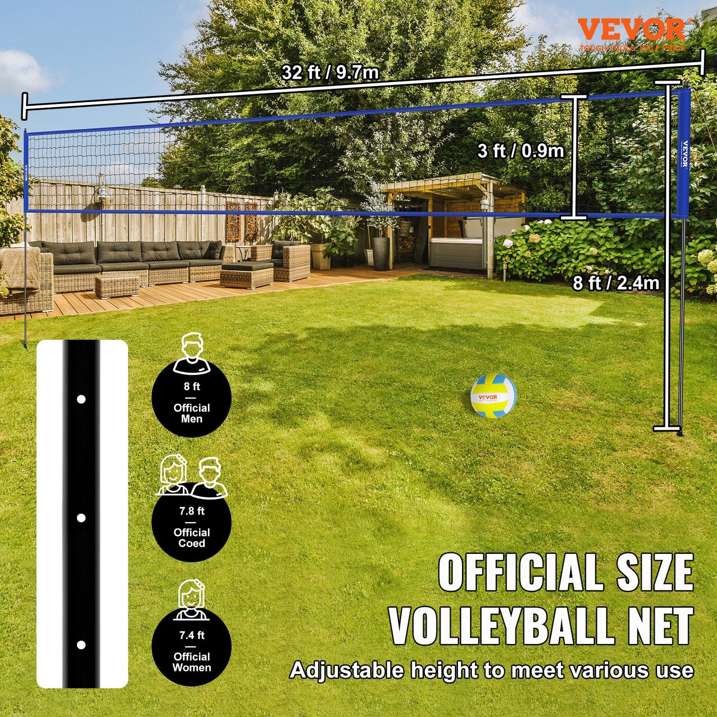 VEVOR Outdoor Portable Volleyball Net System, Adjustable Height Steel Poles, Professional