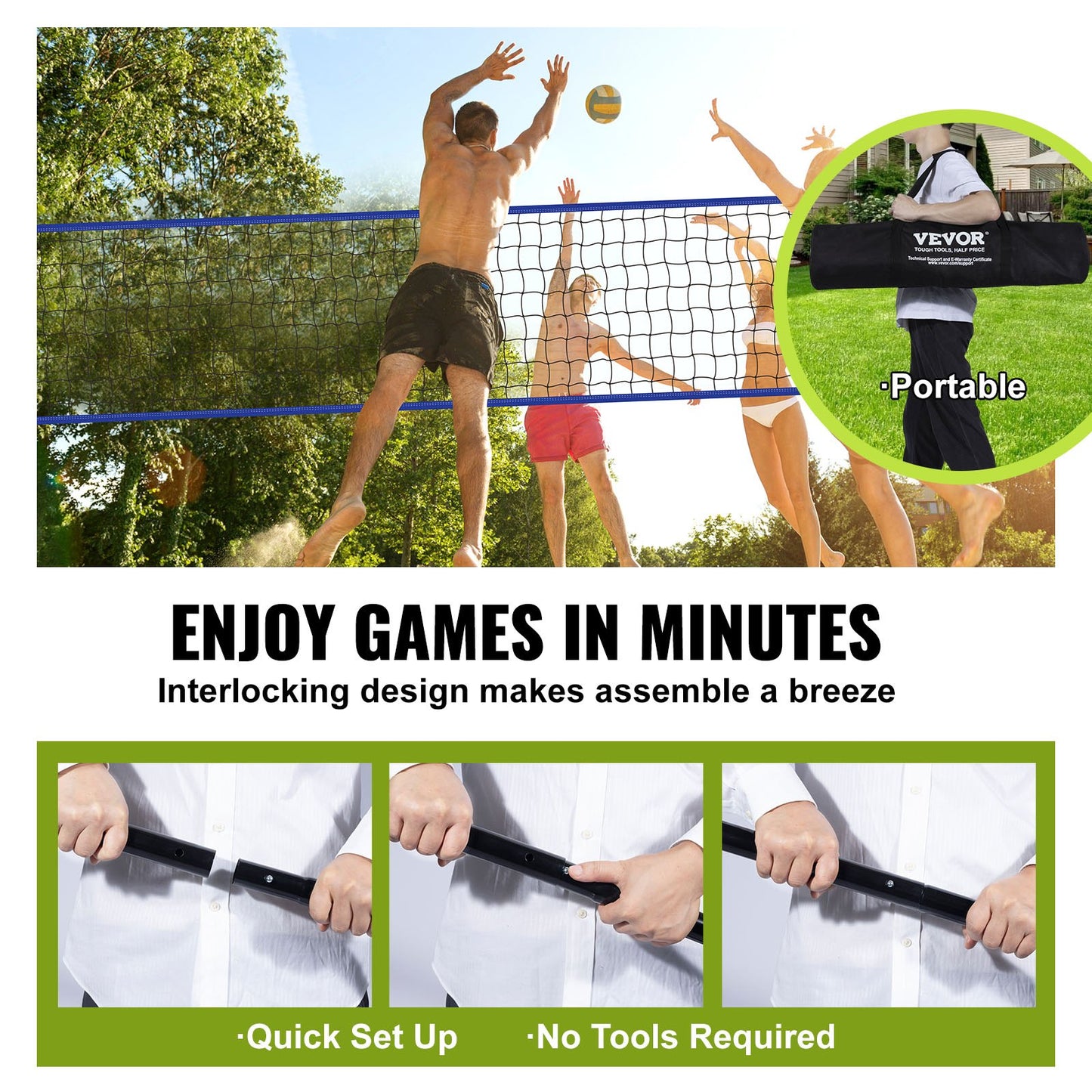 VEVOR Outdoor Portable Volleyball Net System, Adjustable Height Steel Poles, Professional