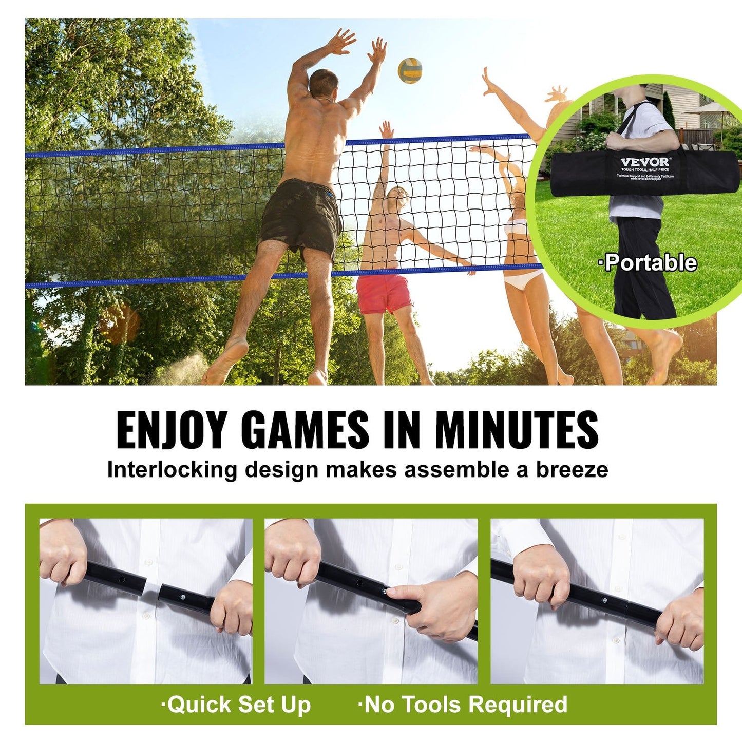Portable Volleyball Net System with Adjustable Steel Poles, 6.72 kg, for Outdoors