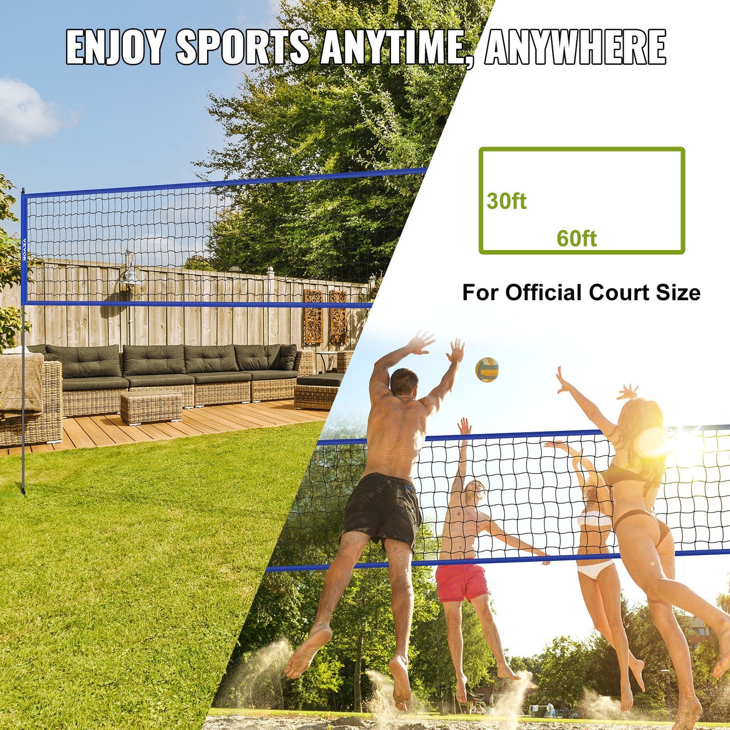 VEVOR Outdoor Portable Volleyball Net System, Adjustable Height Steel Poles, Professional