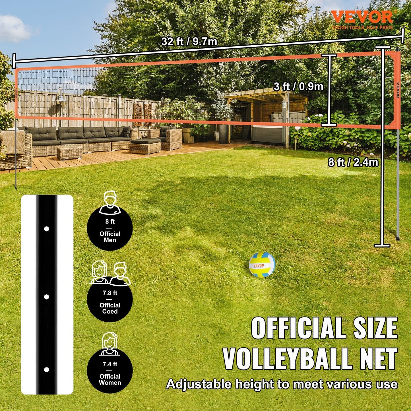 Portable Volleyball Net Set with Adjustable Aluminum Poles and Carrying Bag