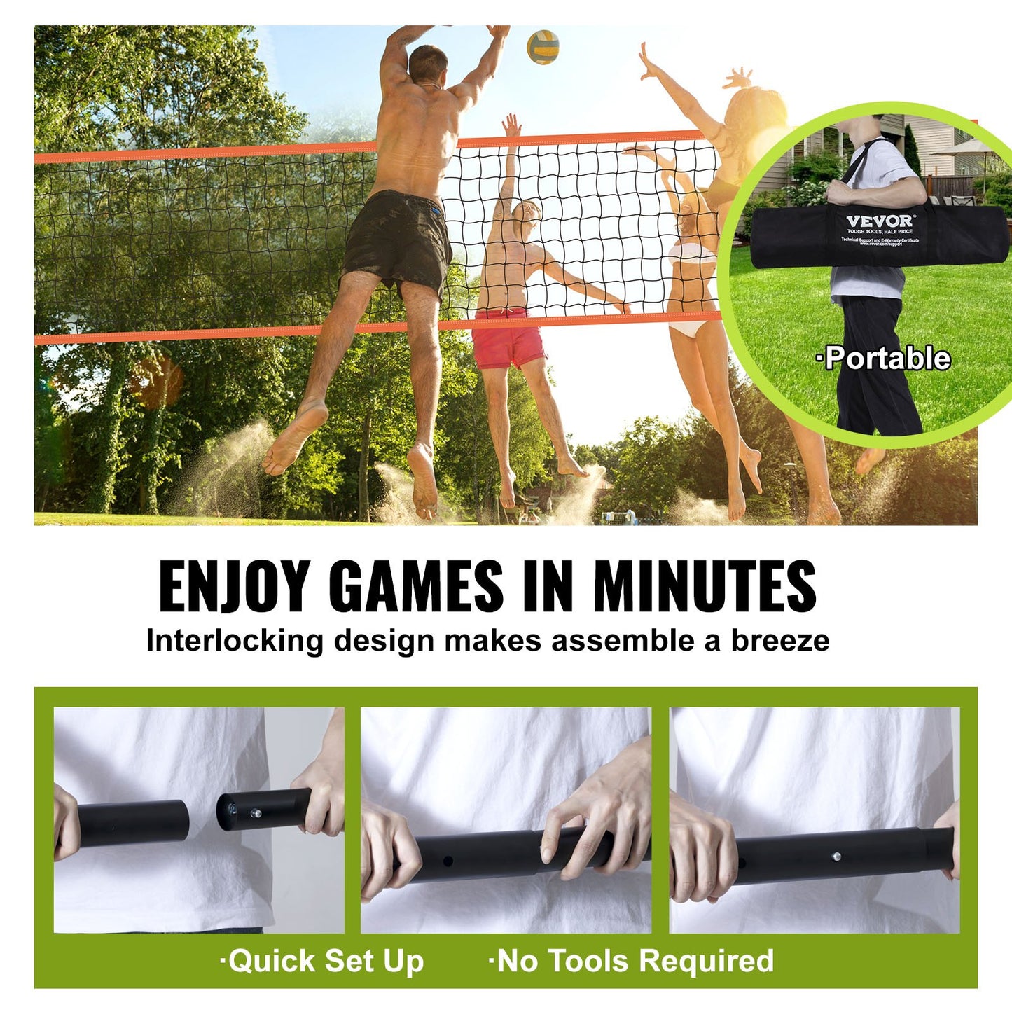 VEVOR Outdoor Portable Volleyball Net System, Adjustable Height Aluminum Poles,