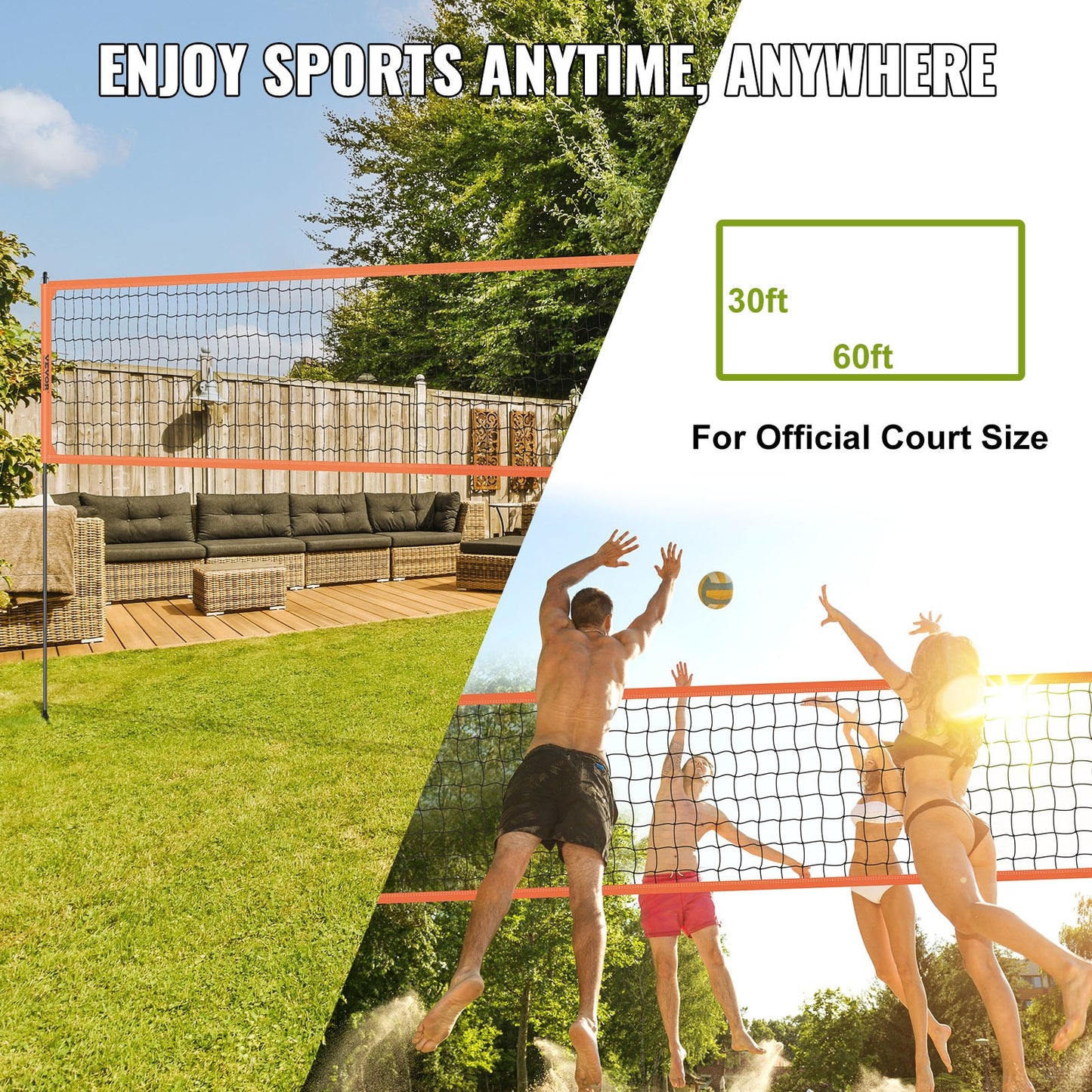 VEVOR Outdoor Portable Volleyball Net System, Adjustable Height Aluminum Poles,