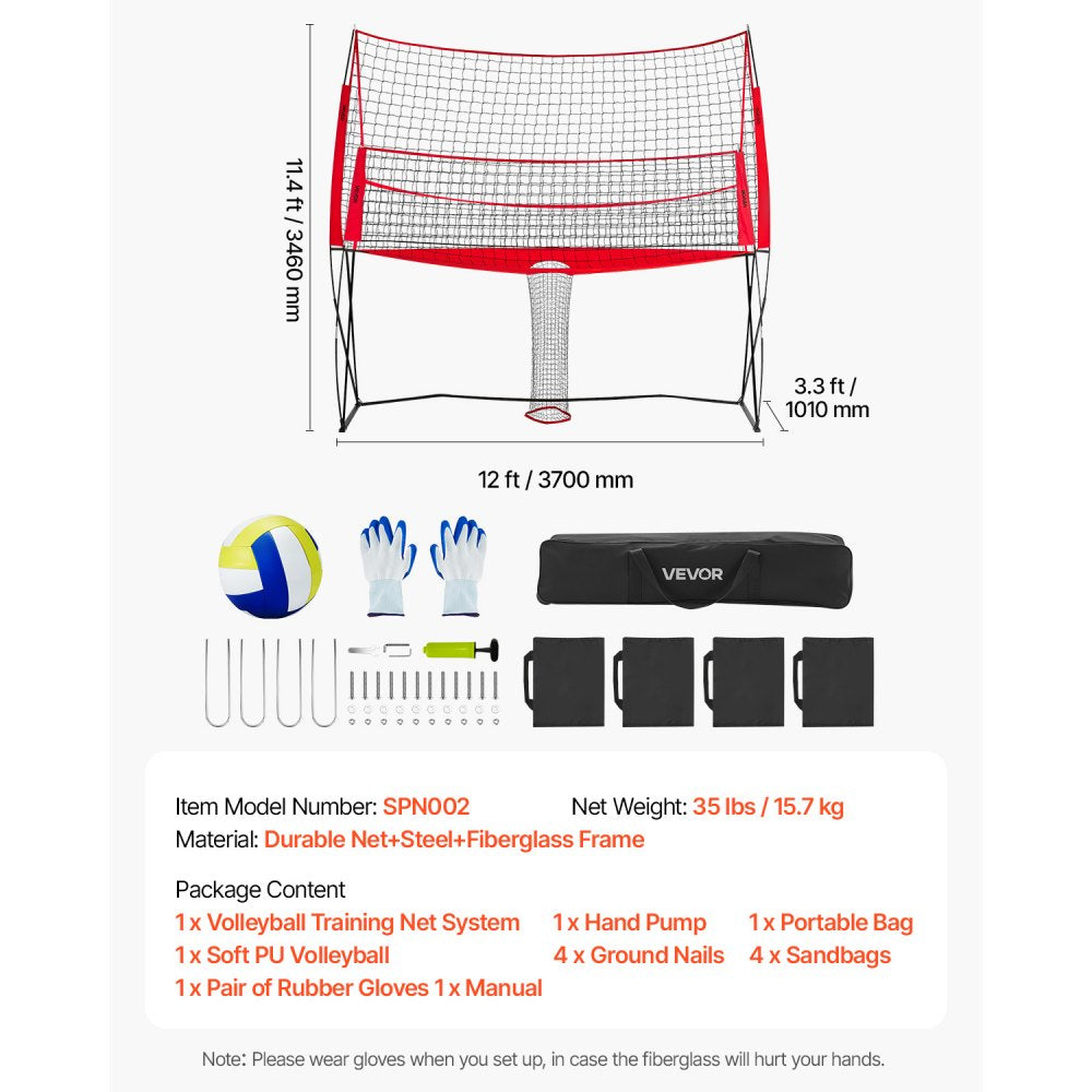 VEVOR Volleyball Training Net System 3700x3460mm Portable Practice Equipment Indoor Outdoor