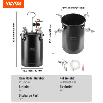 15L Spray Paint Pressure Pot Tank with Spray Gun & Pressure Gauge, 9.5 kg
