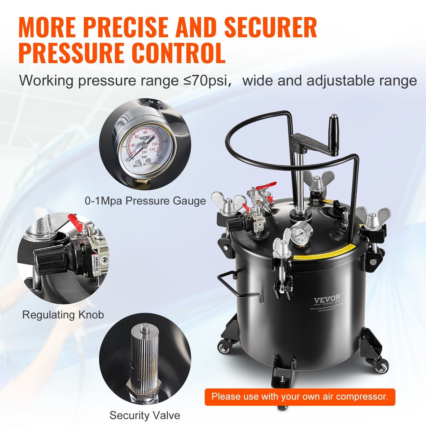 20L Spray Paint Pressure Pot with Casters and Leak Repair Sealant, 23 kg Capacity