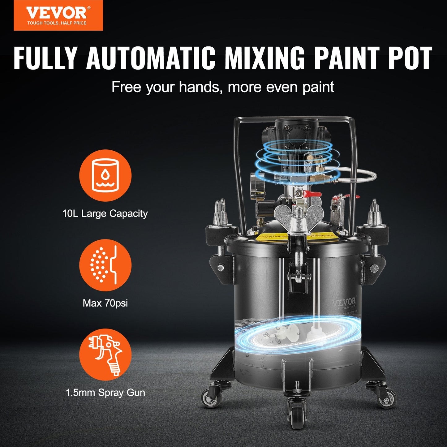 10L Spray Paint Pressure Tank with Automatic Stirring, 70 PSI, High-Pressure Steel