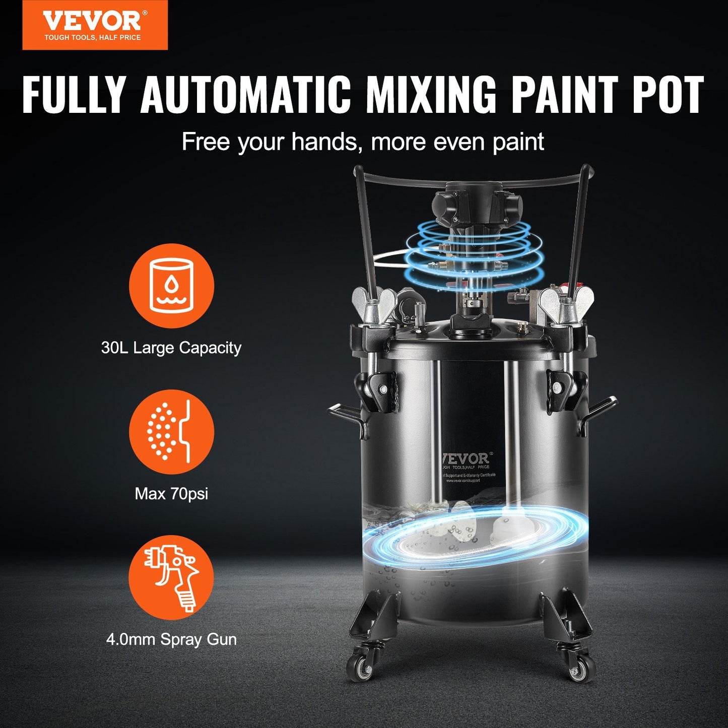30L Spray Paint Pressure Pot with Auto Stir & 70 PSI for Large Areas