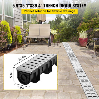 VEVOR Trench Drain System, Channel Drain with Metal Grate, 150x130 mm HDPE Drainage