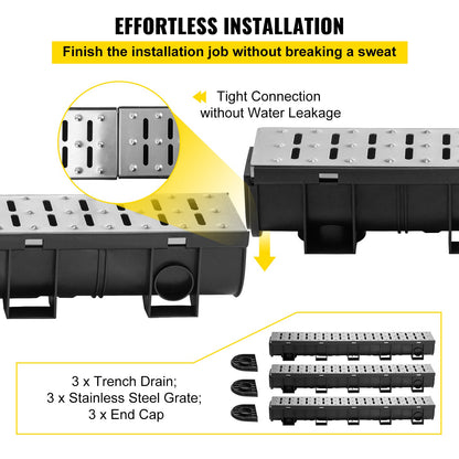 VEVOR Trench Drain System, Channel Drain with Metal Grate, 150x130 mm HDPE Drainage