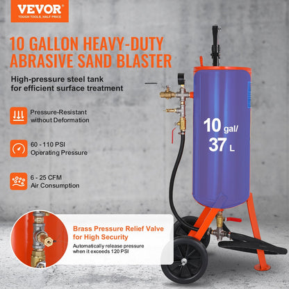 10 Gallon Sand Blaster, 60-110 PSI, with 2 Ceramic Nozzles & 2.3m Hose