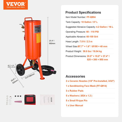 10 Gallon Sand Blaster, 60-110 PSI, with 2 Ceramic Nozzles & 2.3m Hose