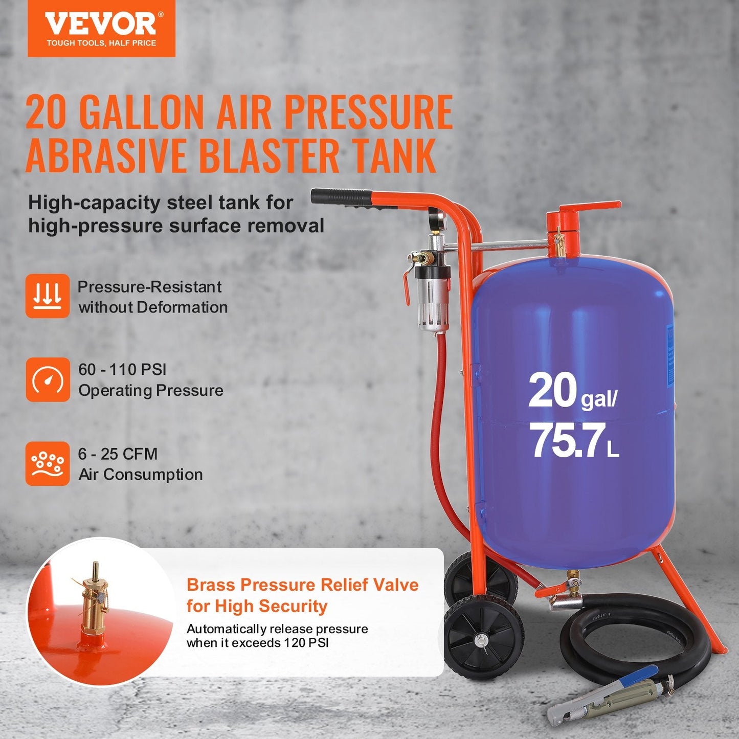 20 Gallon High Pressure Sandblaster with 4 Nozzles and Face Mask, 60-110 PSI