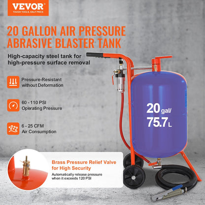 20 Gallon High Pressure Sandblaster with 4 Nozzles and Face Mask, 60-110 PSI
