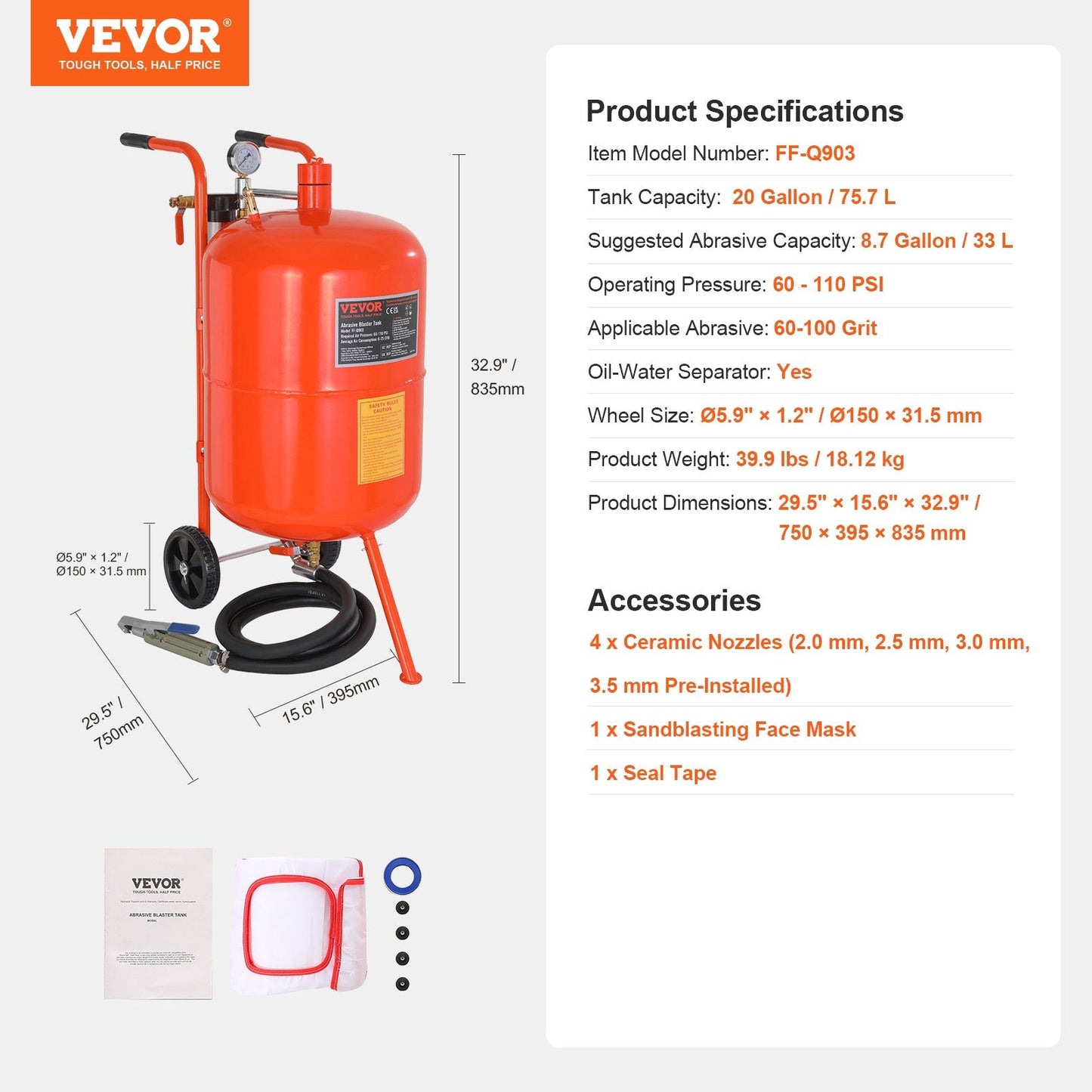 20 Gallon High Pressure Sandblaster with 4 Nozzles and Face Mask, 60-110 PSI