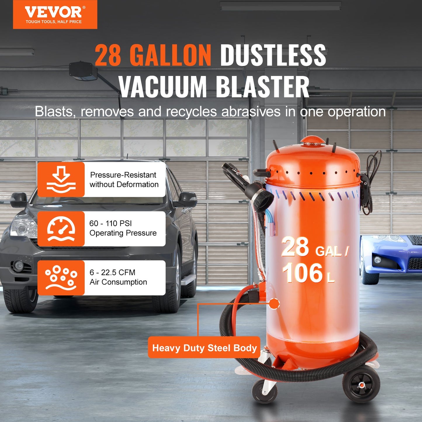 VEVOR 28 Gallon Vacuum Sand Blaster, Dustless Sandblaster with Built-in 1200W Vacuum