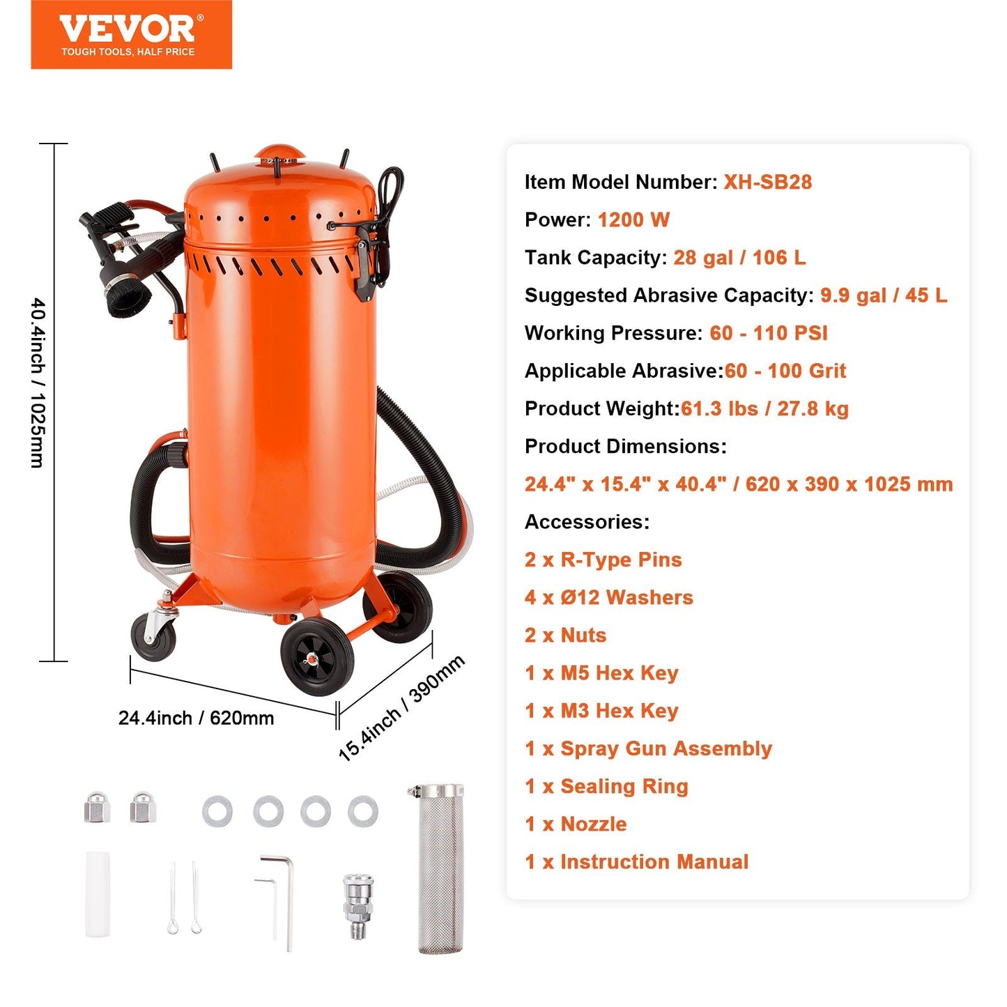 28 Gallon Dustless Sandblaster with 1200W Vacuum and 2.5m Hose