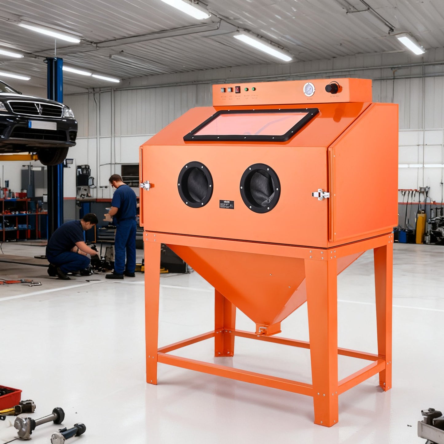 435L Sandblasting Cabinet, Heavy Duty Steel Sand Blaster with Dual Blasting Guns Kit, 117L Media Hopper & 1200W Powerful Dust Collector for Oversized Parts Rust Removal, Surface Finishing