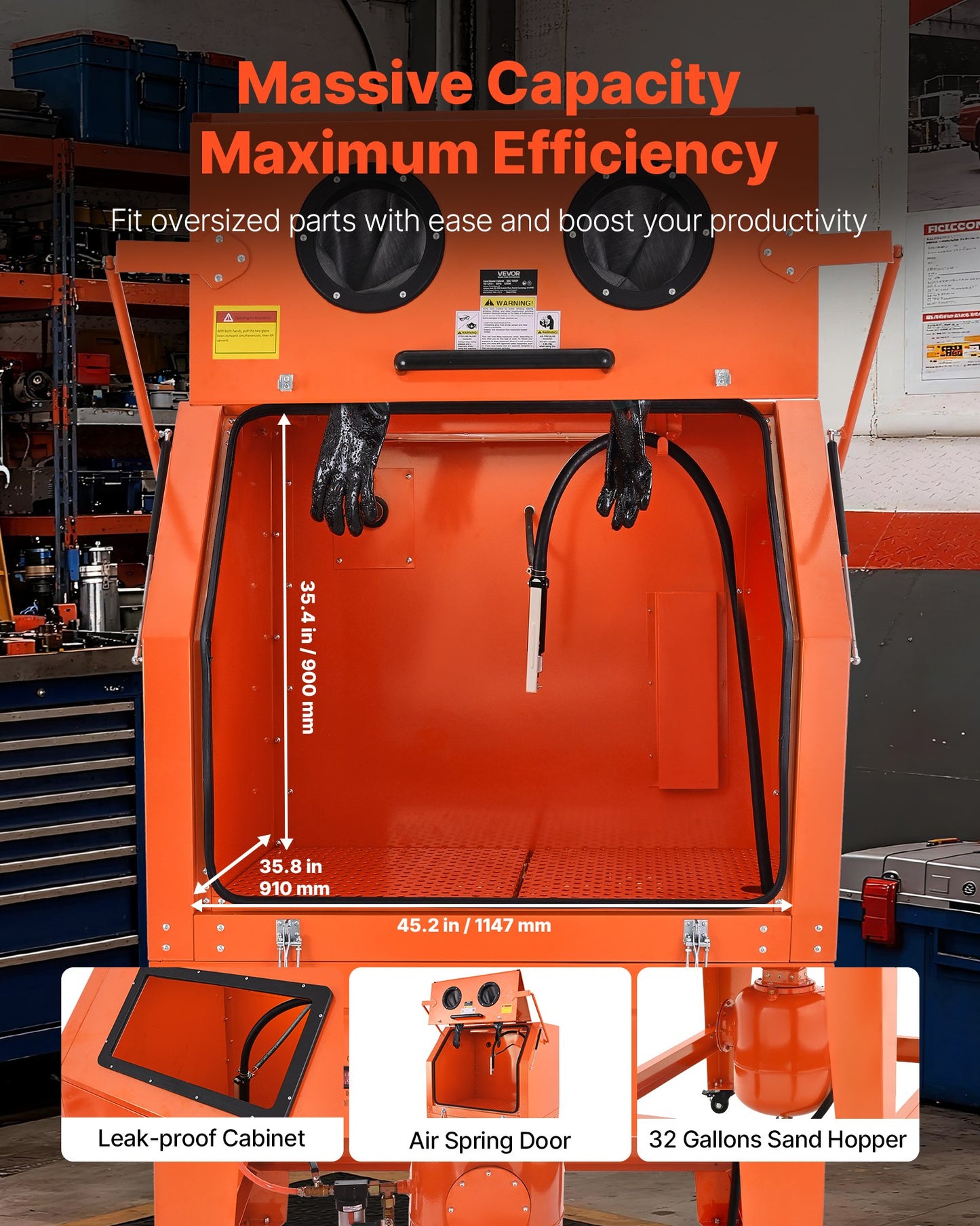 927L Sandblasting Cabinet with Pressurized Tank, Heavy Duty Steel Sand Blasting Cabinet on Wheels - with 121L Media Hopper & 1200W Poweful Dust Collector for Oversized Part Surface Treatment