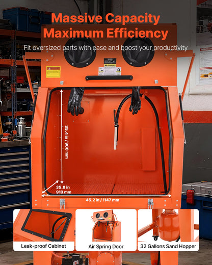 927L Sandblasting Cabinet with Pressurized Tank, Heavy Duty Steel Sand Blasting Cabinet on Wheels - with 121L Media Hopper & 1200W Poweful Dust Collector for Oversized Part Surface Treatment