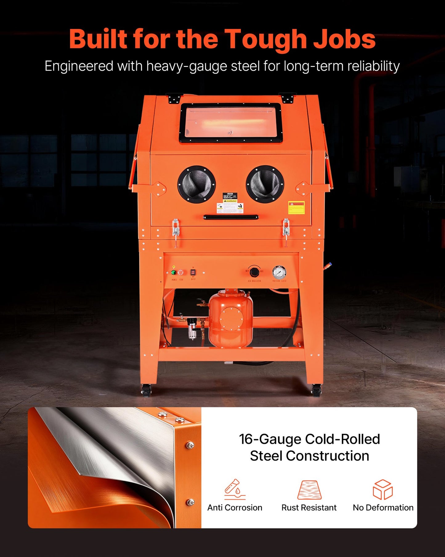 927L Sandblasting Cabinet with Pressurized Tank, Heavy Duty Steel Sand Blasting Cabinet on Wheels - with 121L Media Hopper & 1200W Poweful Dust Collector for Oversized Part Surface Treatment