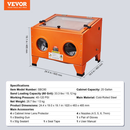 VEVOR 25 Gallon Sandblasting Cabinet, 40-120PSI Portable Benchtop Sand Blasting