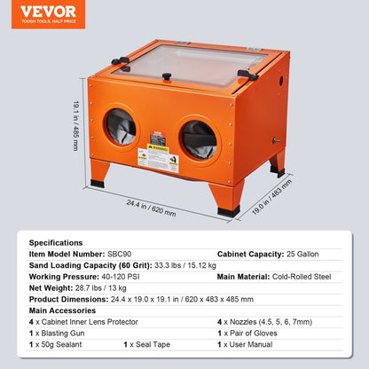 25 Gallon Steel Sandblasting Cabinet, 40-120 PSI, Portable with Blasting Gun