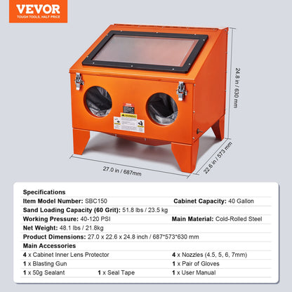 VEVOR 40 Gallon Sandblasting Cabinet, 40-120PSI Portable Benchtop Sand Blasting