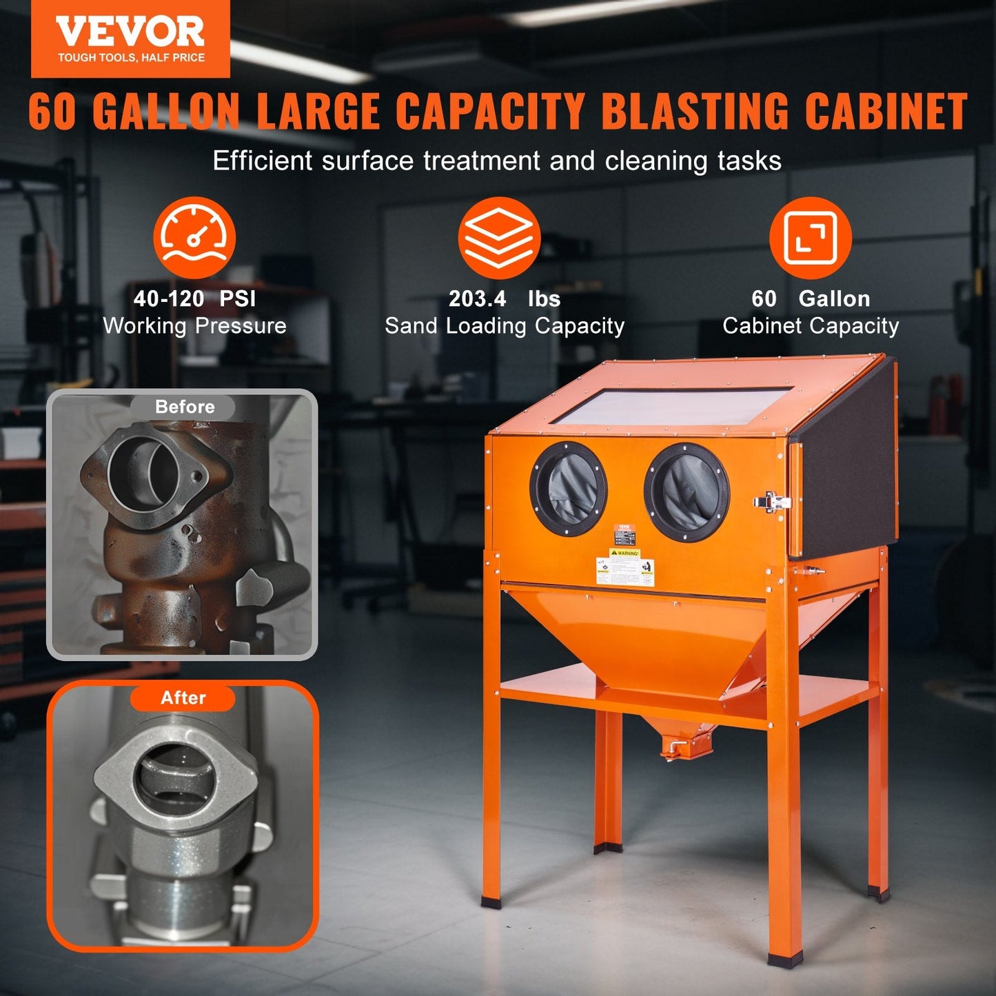 60-Gallon Sandblasting Cabinet with Stand, Gun & 4 Nozzles, 0.94 x 0.58 x 1.38m