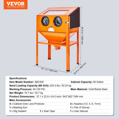 60-Gallon Sandblasting Cabinet with Stand, Gun & 4 Nozzles, 0.94 x 0.58 x 1.38m