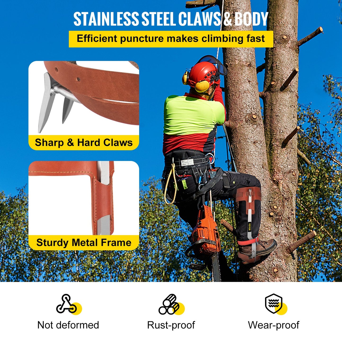 VEVOR Tree Climbing Spikes, 1 Pair Stainless Steel Pole Climbing Spurs, with Adjustable