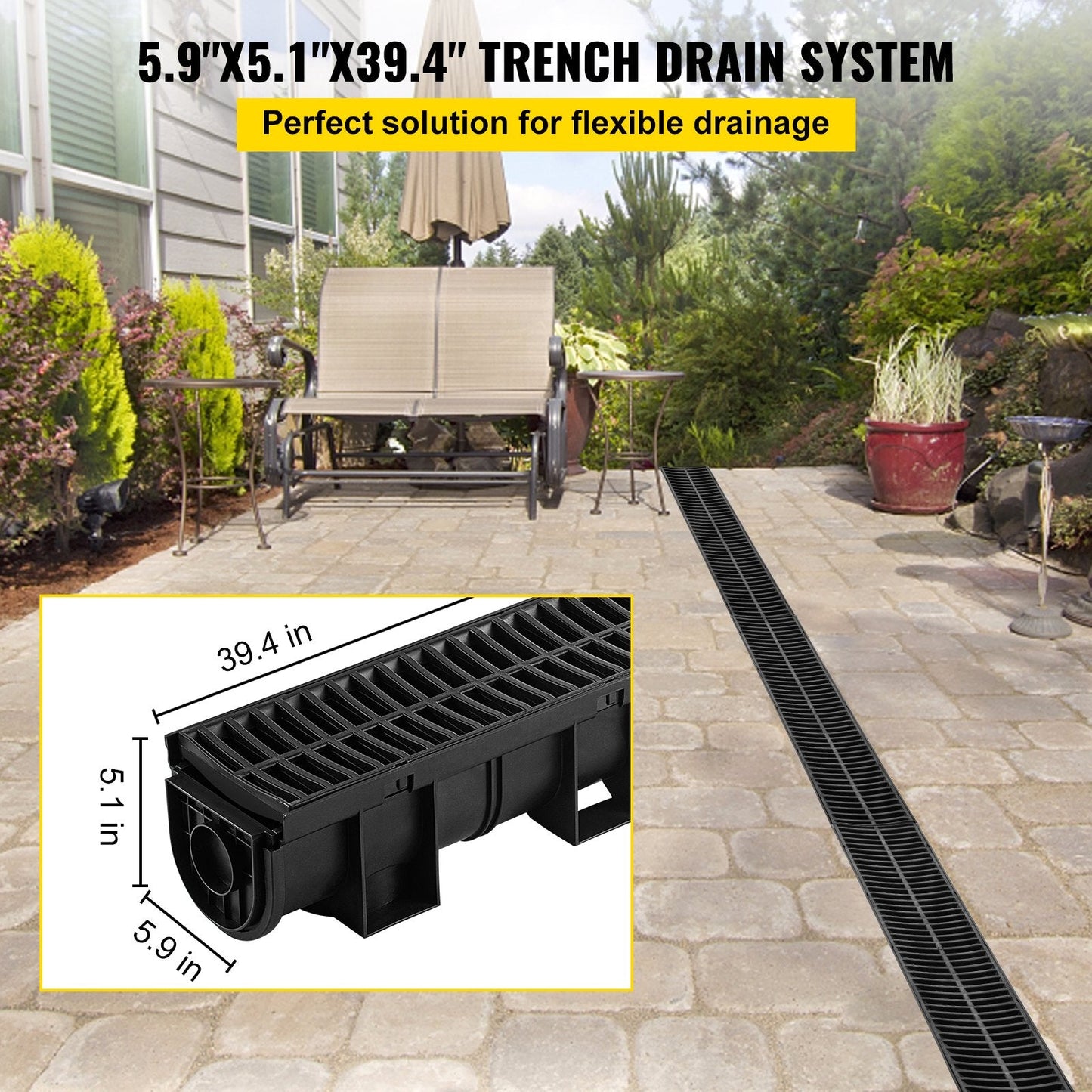 Heavy-Duty HDPE Trench Drain System with Plastic Grate, 6-Pack (15x13cm)