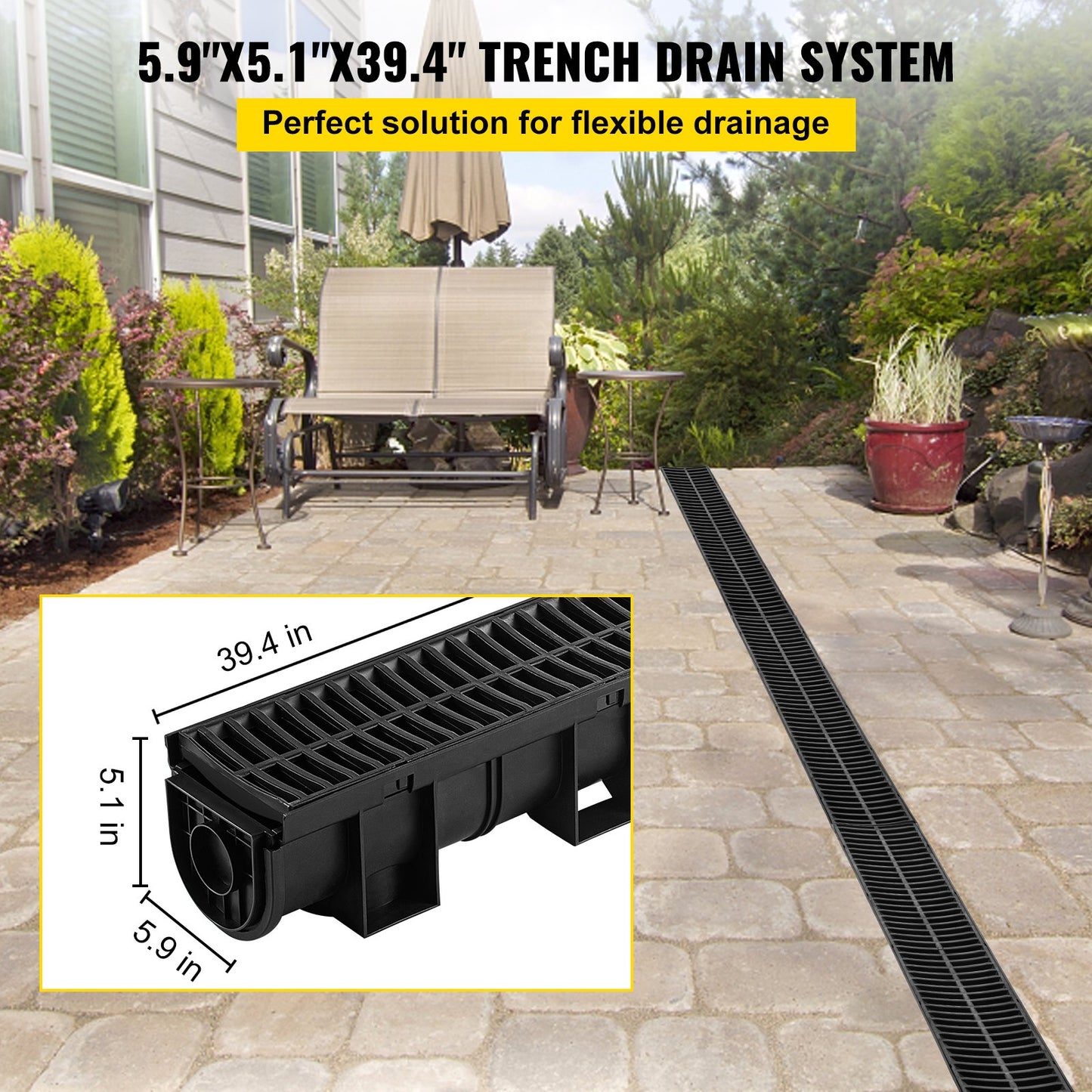 VEVOR Trench Drain System, Channel Drain with Plastic Grate, 150x130MM HDPE Drainage