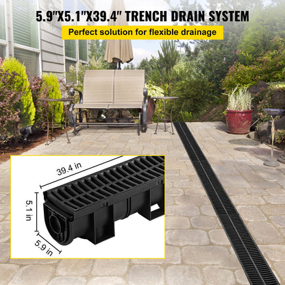 VEVOR Trench Drain System, Channel Drain with Plastic Grate, 150x130MM HDPE Drainage