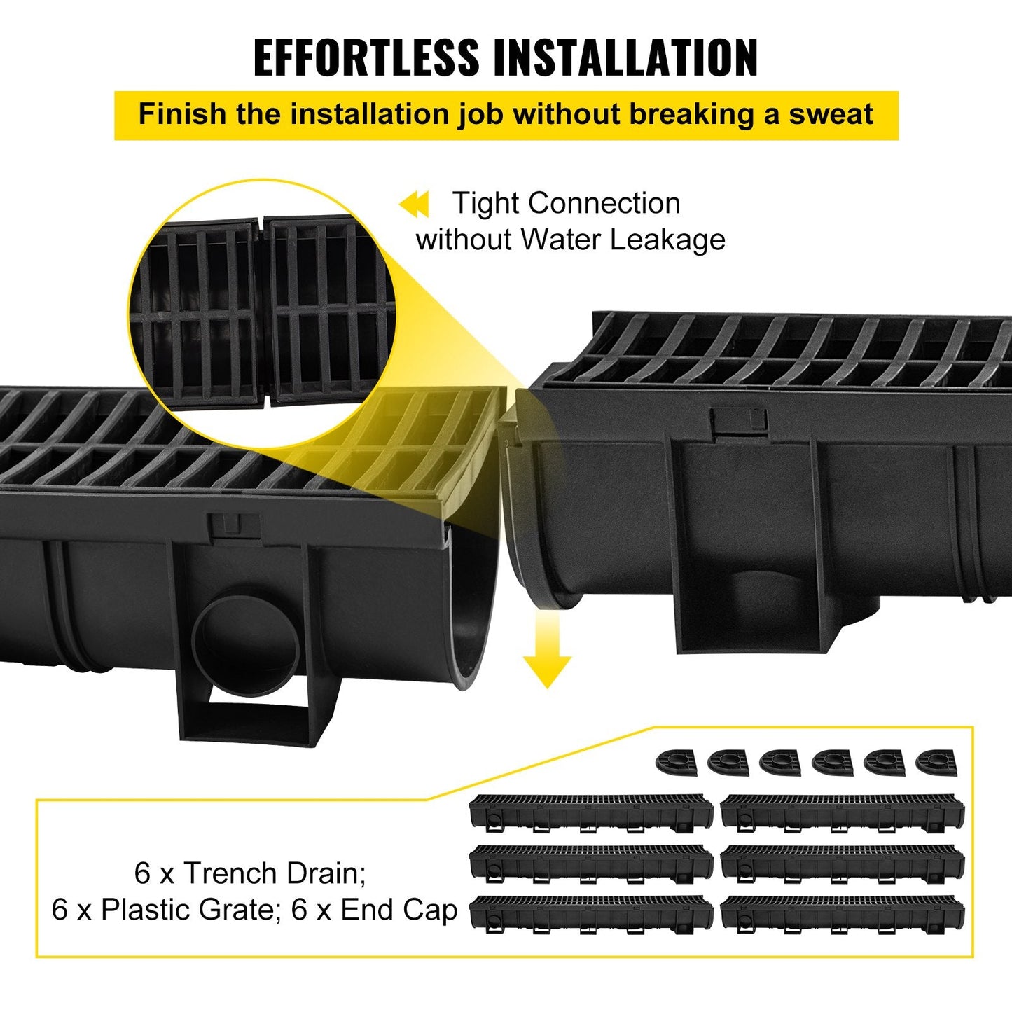 Heavy-Duty HDPE Trench Drain System with Plastic Grate, 6-Pack (15x13cm)