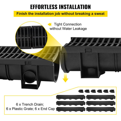 Heavy-Duty HDPE Trench Drain System with Plastic Grate, 6-Pack (15x13cm)