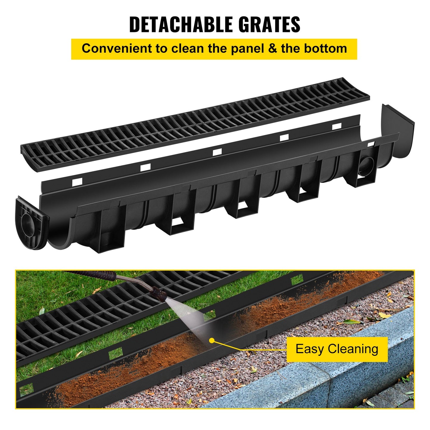 VEVOR Trench Drain System, Channel Drain with Plastic Grate, 150x130MM HDPE Drainage