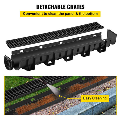 Heavy-Duty HDPE Trench Drain System with Plastic Grate, 6-Pack (15x13cm)