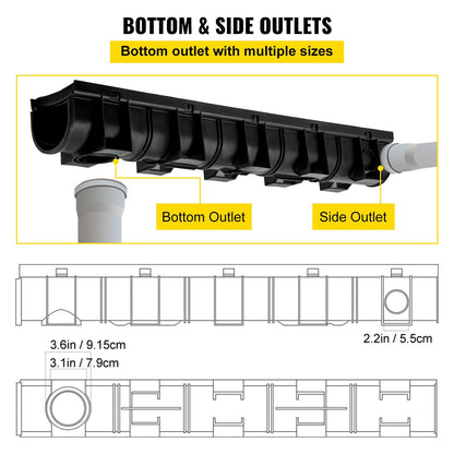 Heavy-Duty HDPE Trench Drain System with Plastic Grate, 6-Pack (15x13cm)
