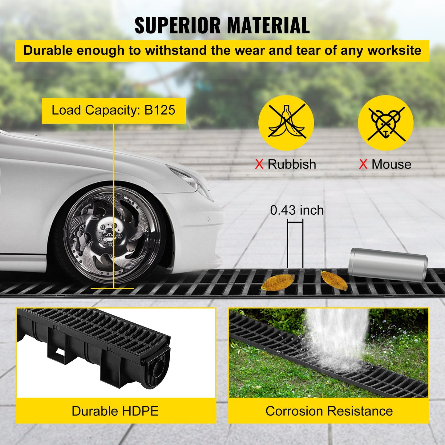 VEVOR Trench Drain System, Channel Drain with Plastic Grate, 150x130MM HDPE Drainage