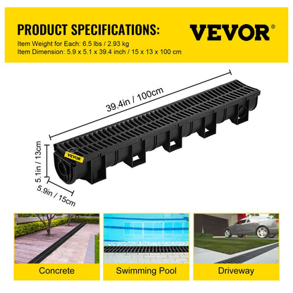 Heavy-Duty HDPE Trench Drain System with Plastic Grate, 6-Pack (15x13cm)