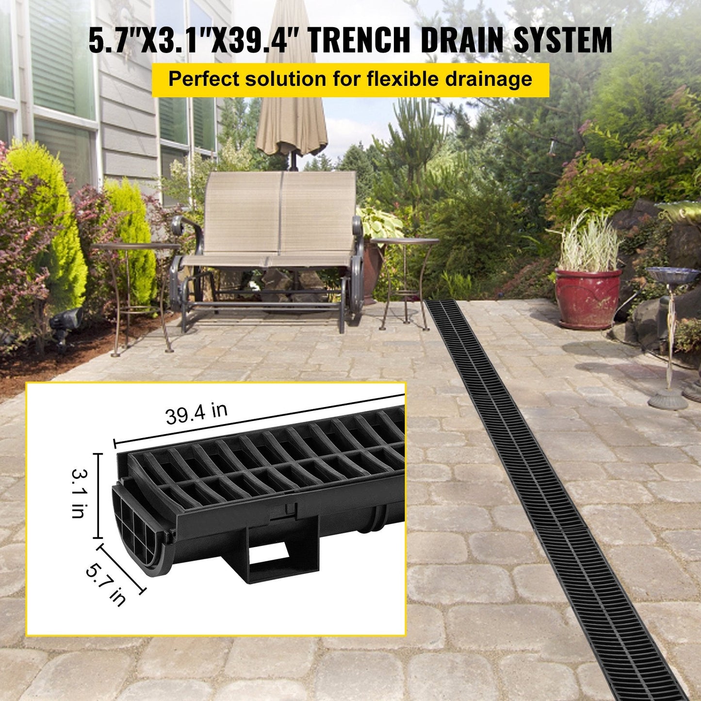 Heavy-Duty HDPE Trench Drain System with Grate, 3-Pack (1m x 8cm)