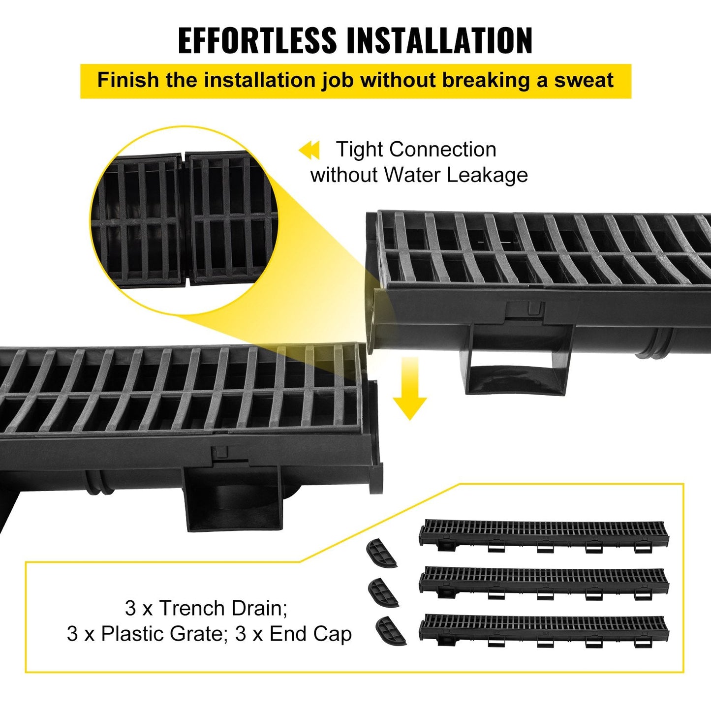 Heavy-Duty HDPE Trench Drain System with Grate, 3-Pack (1m x 8cm)
