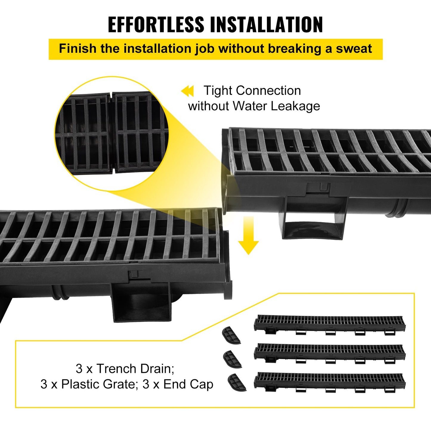 VEVOR Trench Drain System, Channel Drain with Plastic Grate, 145x79MM HDPE Drainage