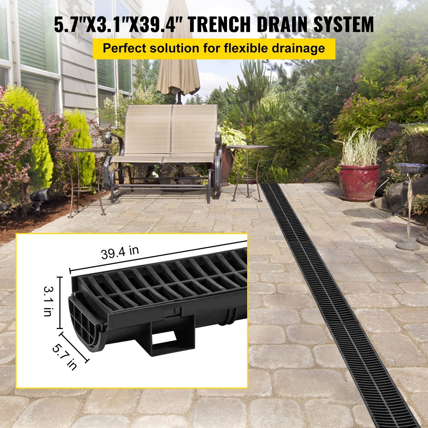 VEVOR Drainage Trench Driveway Channel Drain Kit Plastic Grate-5.8